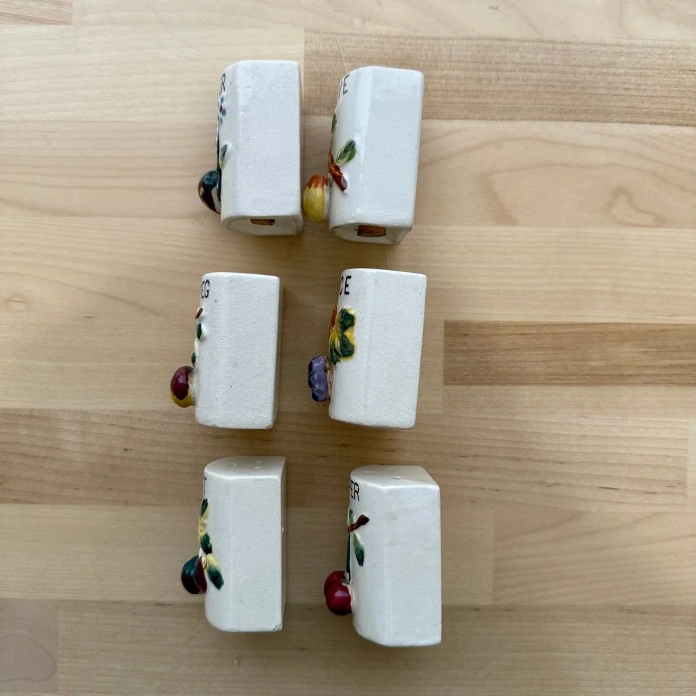 Vintage 50s Japanese Ceramic Hand Painted Fruit Motif Spice Shaker Set Six (6)‎
